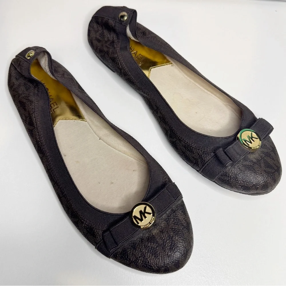 Michael Kors Fulton Logo Ballet Flats Brown MK Signature Women’s 7.5 Travel